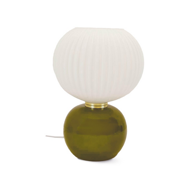 Tischlampe Globe Adnois – Opalglas-Schirm & olivfarbener Glasfuß