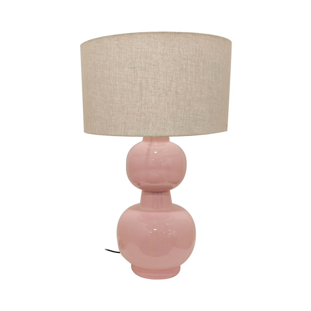 Tischlampe Laki – Rosa glänzender Glasfuß & Leinen-Schirm