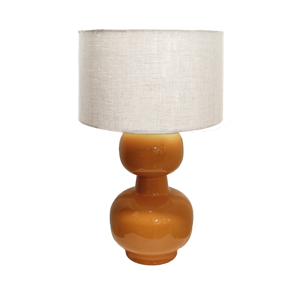 Tischlampe Laki – Orange glänzender Glasfuß & Leinen-Schirm