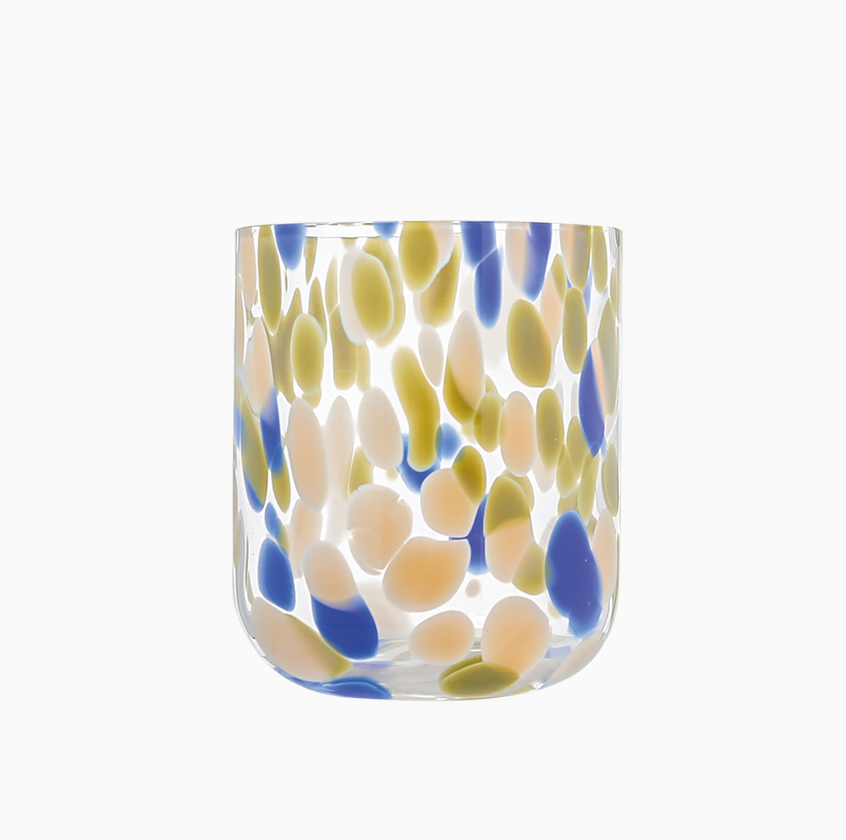 Glasbecher Konfetti Blau – Ø 8 cm, H 9,5 cm, handgefertigt