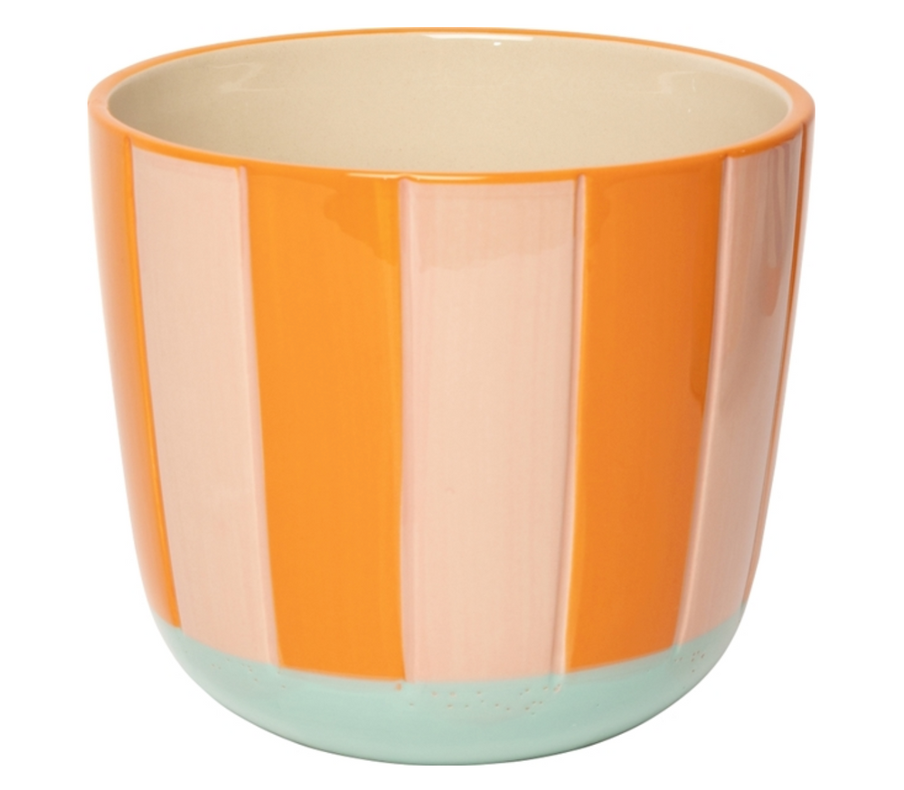 Moderner Blumentopf mit Streifen – Orange, Hellrot & Minze, Keramik, 13xø15